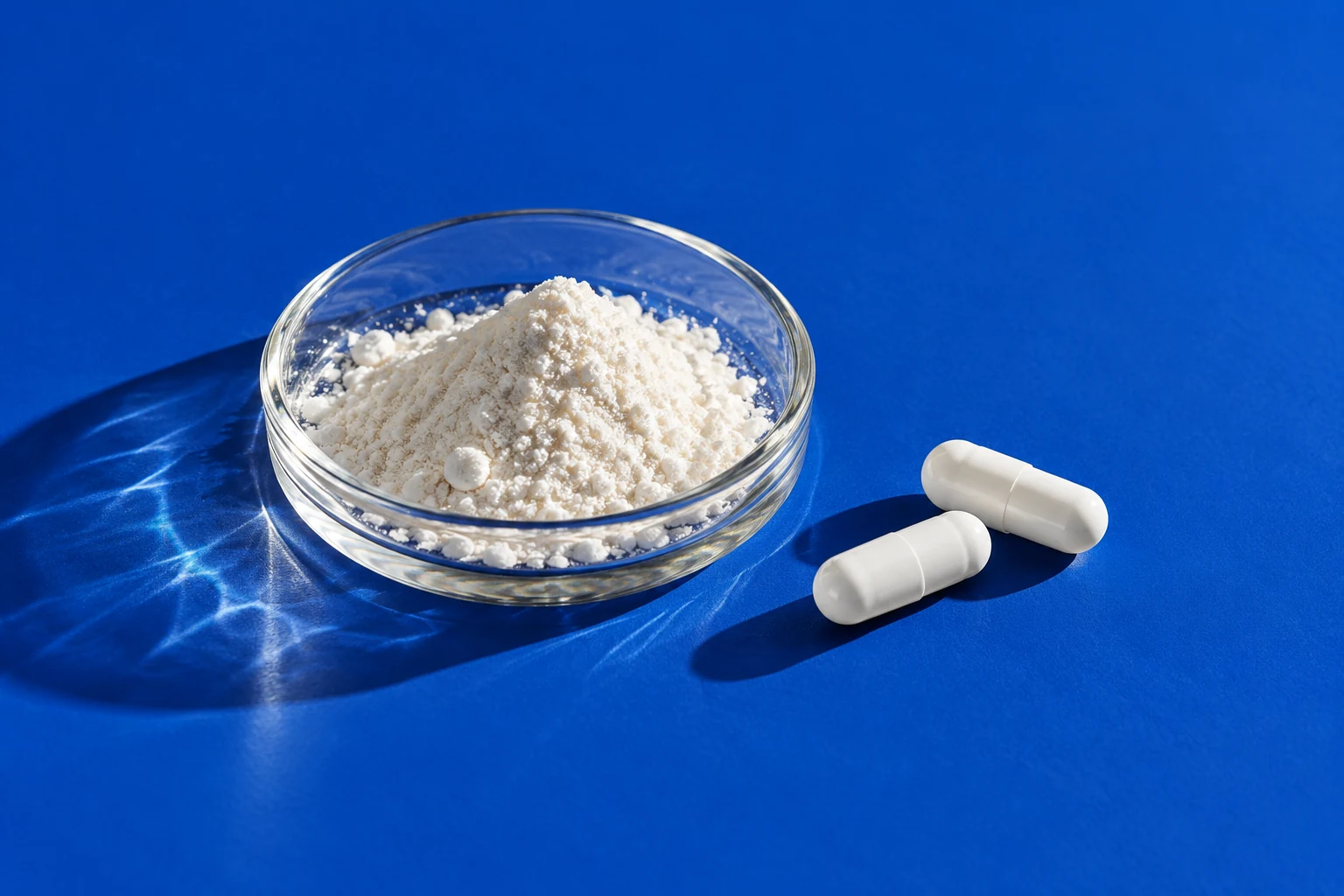 Editorial still life of powder and capsules against a blue background